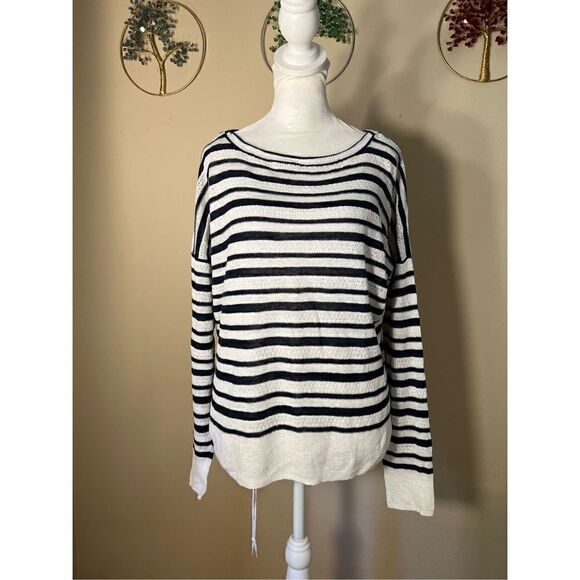 Cynthia Rowley White Dark Navy Blue 100% Linen Lightweight Sweater Medium - Picture 5 of 7